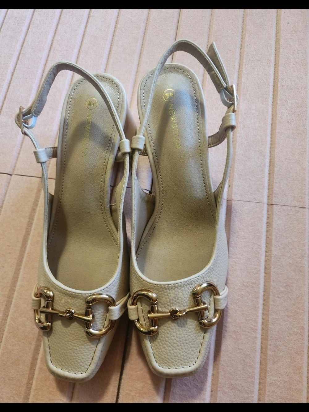 Newbella Cream Slingback Heels with Gold Bit Accent